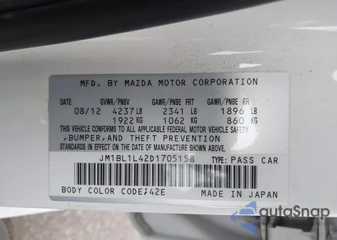 2013 Mazda Mazdaspeed3 Touring z USA, uszkodzony, nr VIN JM1BL1L42D1705158